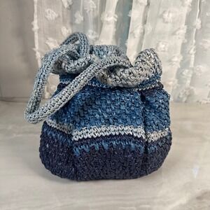 Vintage Walborg Blue Striped Raffia Satchel Handbag Purse Handmade in Japan